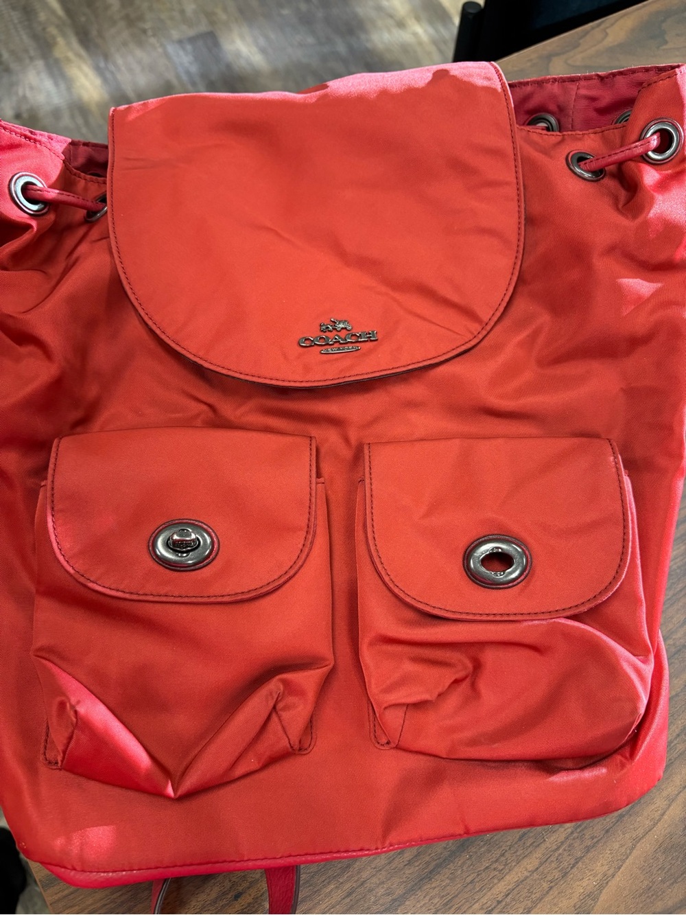 Coach Red Nylon Drawstring Backpack with Front Pocket Detail